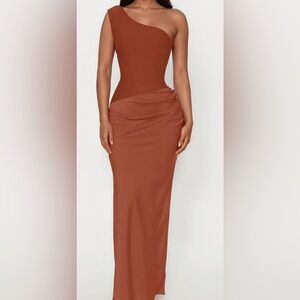 NWT FASHION NOVA One Shoulder Satin Bandage Camel Brown Maxi  Dress Sz Large